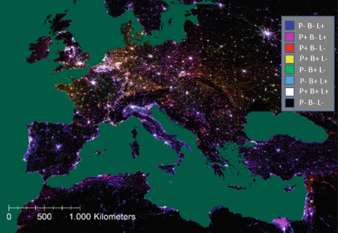 A spatial inequality map of Europe and neighborhoods countries. It exhibits different color pattern categories into population, built-up, and night lights with relative abundance in positive sign or scarcity in negative sign.c