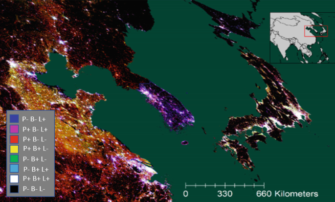 A spatial inequality map of the South and North Korea. It exhibits different color pattern categories into population, built-up, and night lights with relative abundance in positive sign or scarcity in negative sign.