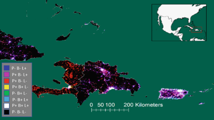 A spatial inequality map of Haiti, Dominican Republic, and Puerto Rico. It exhibits different color pattern categories into population, built-up, and night lights with relative abundance in positive sign or scarcity in negative sign.