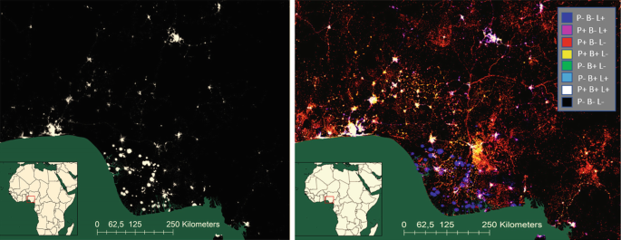 2 maps of nighttime lights and inequality of Southern Nigeria with an inset map of Africa. The Night time light map exhibits the dotted lights in light shade. The inequality map exhibits a larger number of lights in multiple colors.