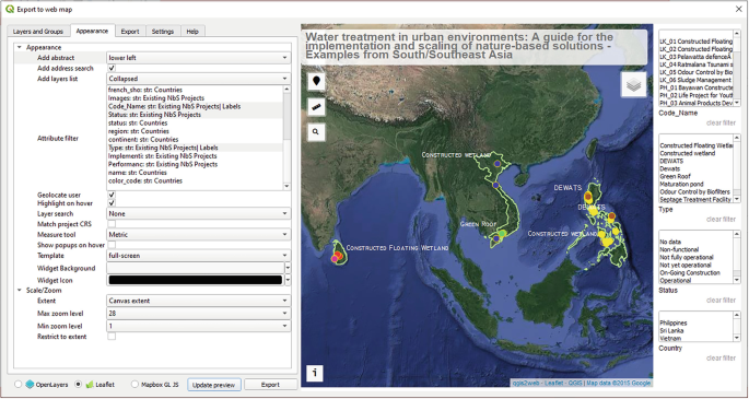 A screenshot of the Export to Web map page has the Appearance tab selected and other features like scale, attribute filters, and others listed under it. An aerial map of Sri Lanka, Vietnam, and the Philippines plots the N b S sites on the right pane of the screenshot.