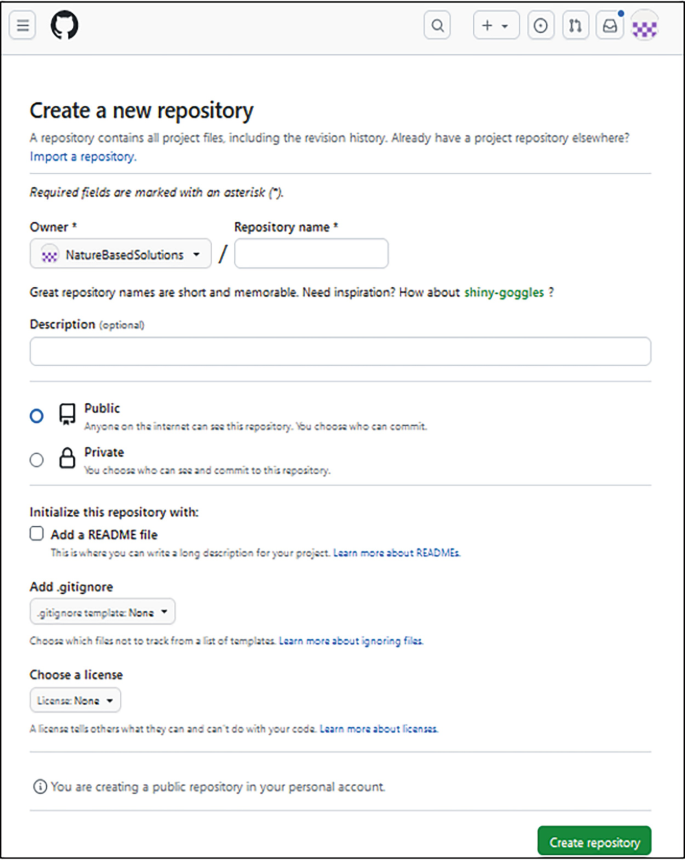 A screenshot of a web page presents a form. It includes the fields that need to be filled like the owner's name, repository name, description, radio buttons for selecting private or public, initializing options, and options to choose a license. The Create Repository button is at the bottom.