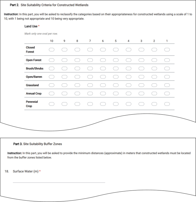 A survey questionnaire lists the details of site suitability criteria for constructed wetlands. A chart with checkboxes on a scale of 1 to 10 for land use is given. The land uses include open forest and grassland.