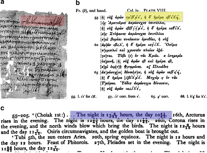 Three textual representations labeled a to c. a and b are textual representations of a manuscript in a foreign language. c, is an English translation manuscript that tells about the hours of day and night.