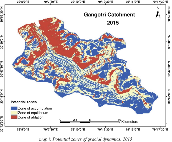 An outline of the Gangotri catchment in 2015 around 10 kilometers. It includes three potential zones. The locations of the zone of accumulation, equilibrium, and ablation are denoted by dark-to-light-shade contours.