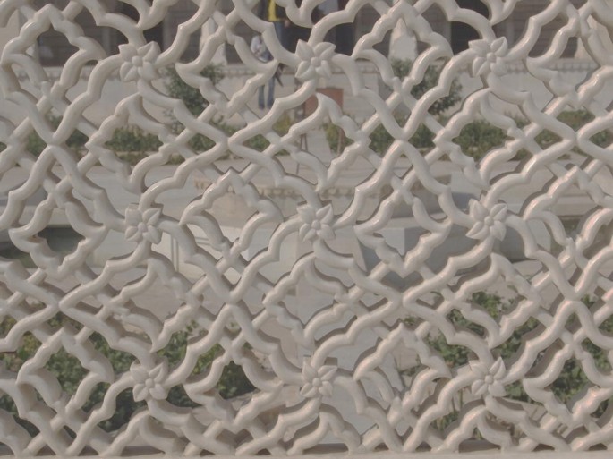 A photograph of a Jaali, which represents a planar stone lattice work pattern.