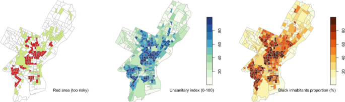 3 heat maps with the highlighted areas of too-risky areas, unsanitary index ranges between 0 and 100, and black inhabitants proportion with the gradient scale ranges between 0 and 100.