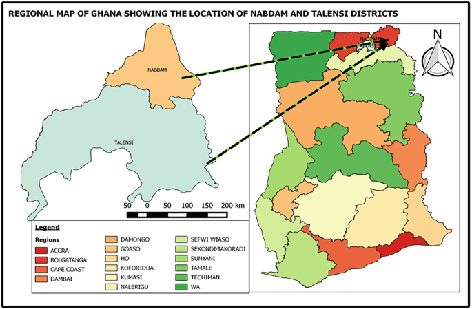 2 maps. On the left is a zoomed-out map of Nabdam and Talensi districts. On the right is a map of Ghana with gradient shades representing 16 regions. 2 arrows from the left map indicate the locations of Nabdam and Talensi districts on the right map. Some of the regions include Accra, Ho, and Dambai.