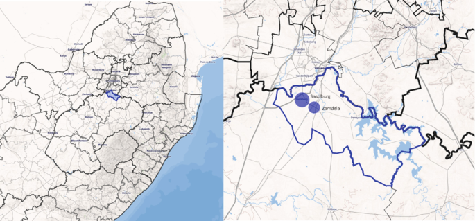 2 maps. Left, an enlarged map of South Africa highlights Sasolburg. Right, an enlarged map of the study location highlights Sasolburg and Zamdela.