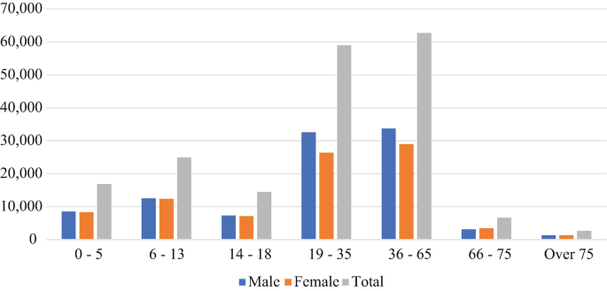 A grouped bar graph of population versus age groups less than 5, 6 to 13, 14 to 18, 19 to 35, 36 to 65, 66 to 75, and over 75 years plots 3 bars for male, female, and total. The highest bars are in the 36 to 65 age group with a value of 34000, 28000, and 63000 respectively. Values are estimated.