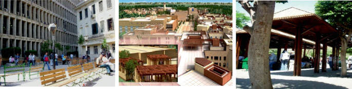 Three shots of different outdoor architectural and social scenes. Left. It features a spacious outdoor area with people sitting and walking around, surrounded by the university building. Center. It features an aerial view of a complex of buildings with flat roofs. Right. It features a pergola with a tree trunk in the front.