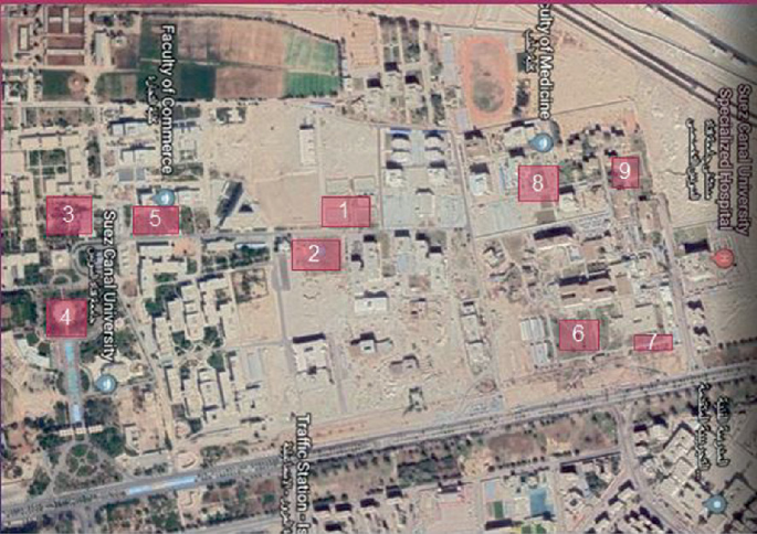A satellite view highlights the different outdoor spaces designated for sports activities of the Suez Canal University labeled from 1 to 9.