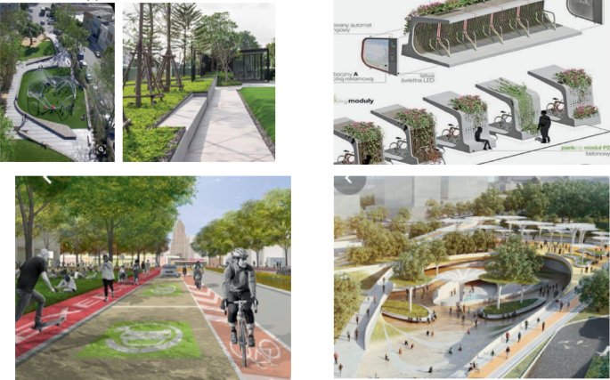 Four shots with a conceptual illustration of a multi-functional urban bike rack. Top left is an aerial view of a park with winding pathways and greenery. Top right is a pavement with grass. Bottom left features a city street with cyclists and joggers. Bottom right is an aerial view of a multi-level public space with walkways and green areas.