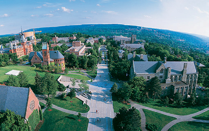 A panoramic view of Cornell University’s campus. It features an array of buildings distributed on both sides of the university’s main road. The foreground has well-maintained green lawns and pathways leading to various academic buildings.