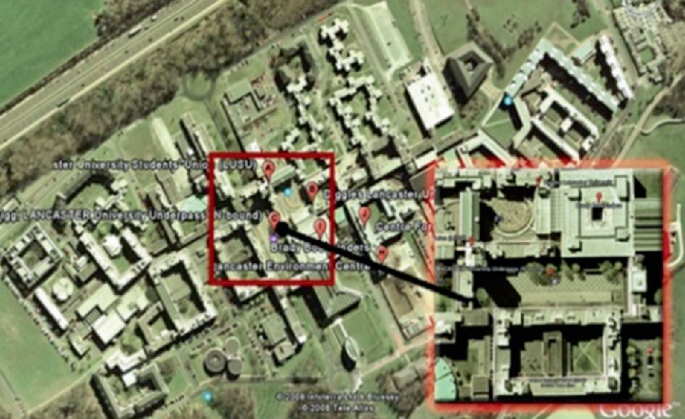 A satellite view of the Cambridge University campus and a zoomed-in view of the main campus building. The view marks specific academic buildings.