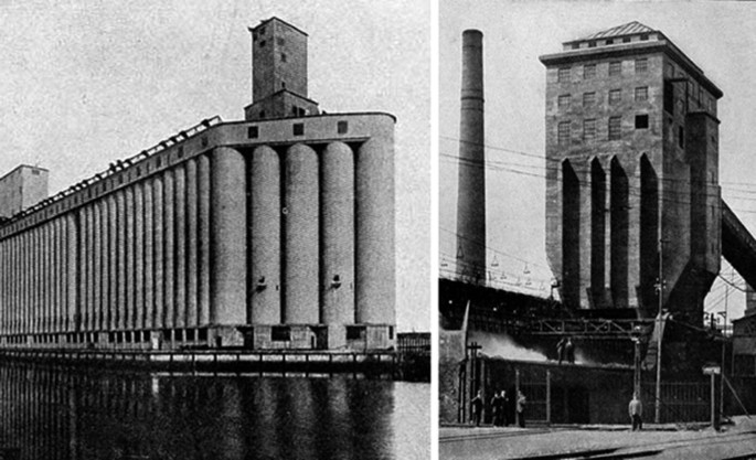 Two photos. The first is of numerous silos close to one another. The second is of a huge structure mounted on a concrete platform portraying coal deposits in Germany.