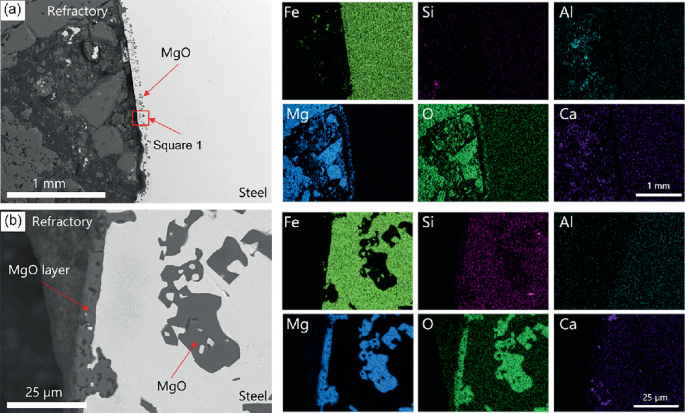 2 micrographs and 12 elemental maps. a. Uneven surface covered with M g O layer and a region labeled square 1. b. Patches of M g O at distance from an uneven surface with M g O layer. Elemental maps for F e, S i, A l, M g, O, and C a are also presented.