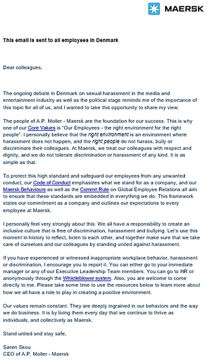 A screenshot of an email from Maersk's C E O to employees in Denmark emphasizing the importance of avoiding sexual harassment. The highlighted key phrases include core values, a code of conduct, Maersk behaviors, and the whistleblower system. The Maersk logo is at the top right.