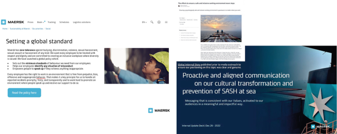 A screenshot of Maersk's page. It contains the policy of setting a global standard with a photo of a worker. A poster that reads proactive and aligned communication on our cultural transformation and prevention of SASH at sea with the Maersk logo. A page with an article and a photo.