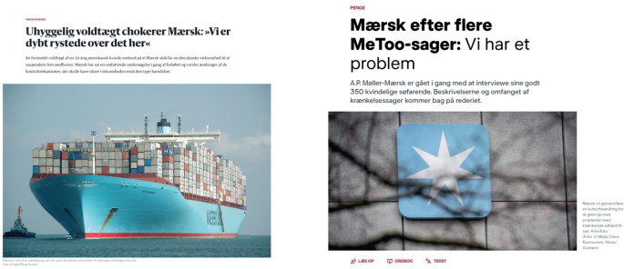A screenshot of two articles with 2 photos. The text details are in a foreign language. One photo is of a Maersk ship in the sea with containers. The other is a close-up of the Maersk logo.
