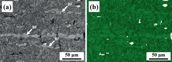 Two images for the Backscattered Electron Diffraction. The area indicated by arrows in the first image represents the bainitic ferrite, while the surrounding acicular structure represents the martensite phase.