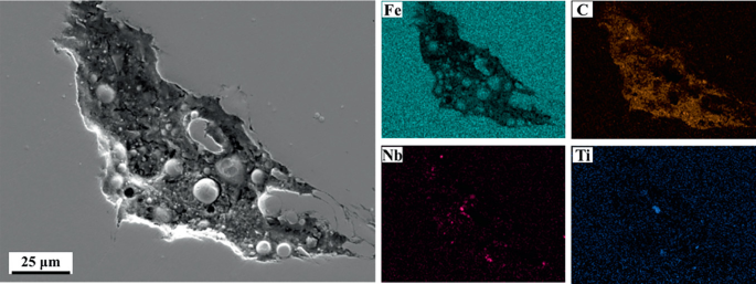 5 SEM images present the damage on the surface of the S P S slab. F e, C, N b and T i elements are enriched near the cracks.