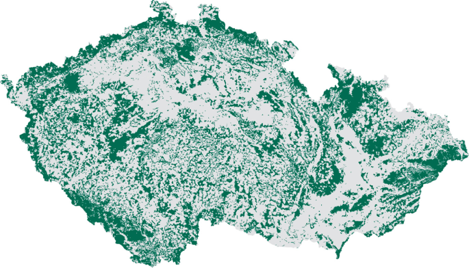 A map of the Czech Republic showing the distribution of forests.