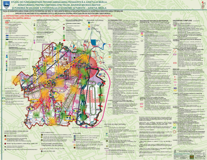 A chart of the urban territorial masterplan. It has a map of Braila County in Romania. There is text in a foreign language.