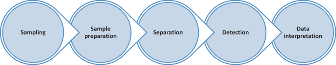 A flowchart of the analytical workflow has the following steps, sampling, sample preparation, separation, detection, and data interpretation.