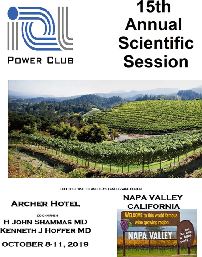 A poster of the 2019, Fifteenth Annual Scientific Session, Napa Valley, California. The poster includes a photograph of the wine growing region. The venue is the Archer Hotel.
