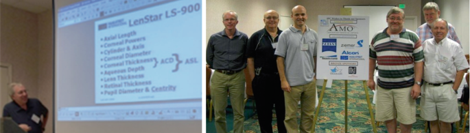 An illustration with 2 photographs. Left. Ken Hoffer presents a paper on Len Star 900. Right. 6 attendees standing on either side of a poster listing and thanking the sponsors of the Power Club. The sponsors are titled gold, silver, and bronze.