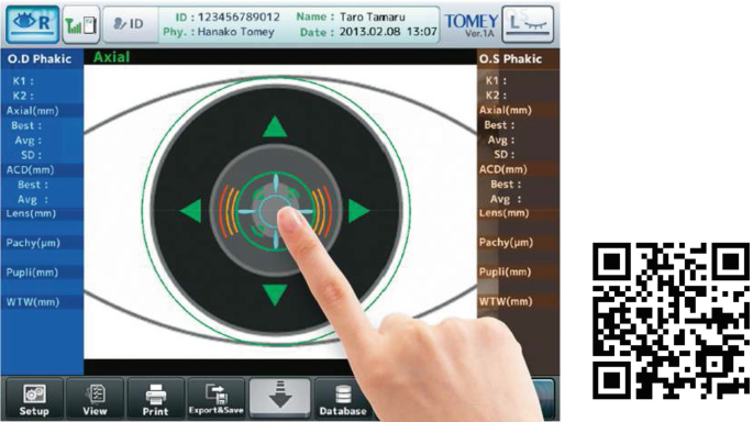 A photo of an index finger touching a screen displays a diagram of an eye with a list of parameters on either side. A bar code is on the right.