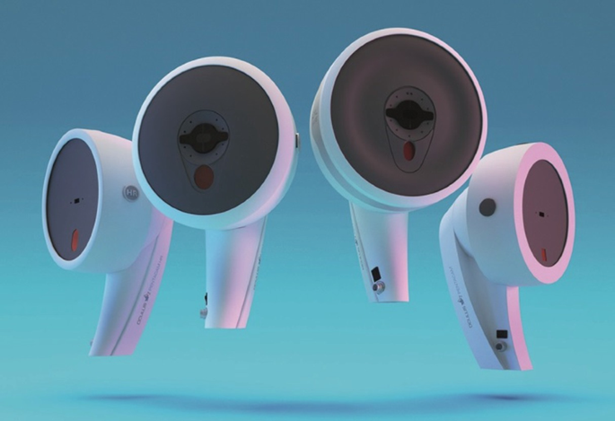 A 2 D image of the pentacam family has 4 devices in an earbud-like structure.