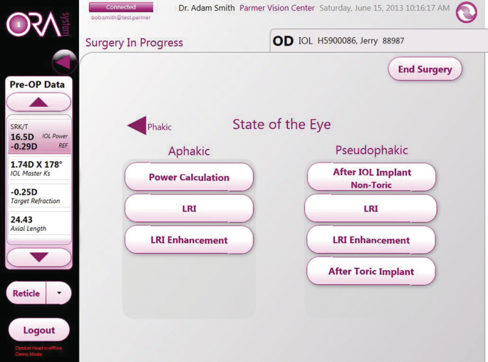 A screenshot of the measurement type selection screen. The left pane lists pre-O P data and options for reticle and logout. The right pane, titled surgery in progress, lists the state of the eye with two columns for aphakic and pseudophakic. The end surgery option is given at the top right.