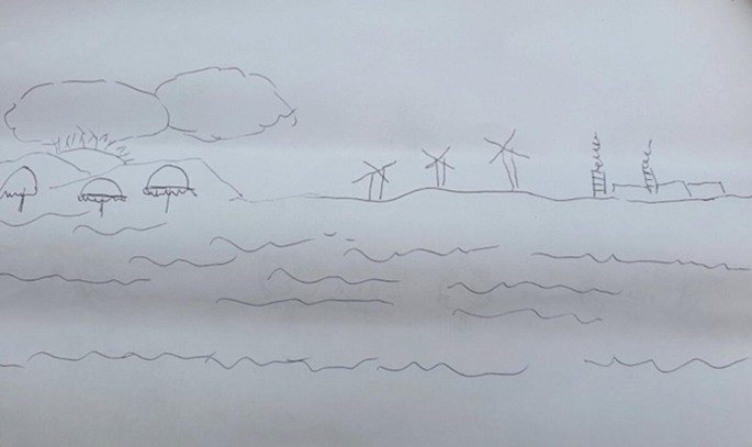 A drawing of San Pietro island with Portovesme coal-fired industry's smoke and wind farms.