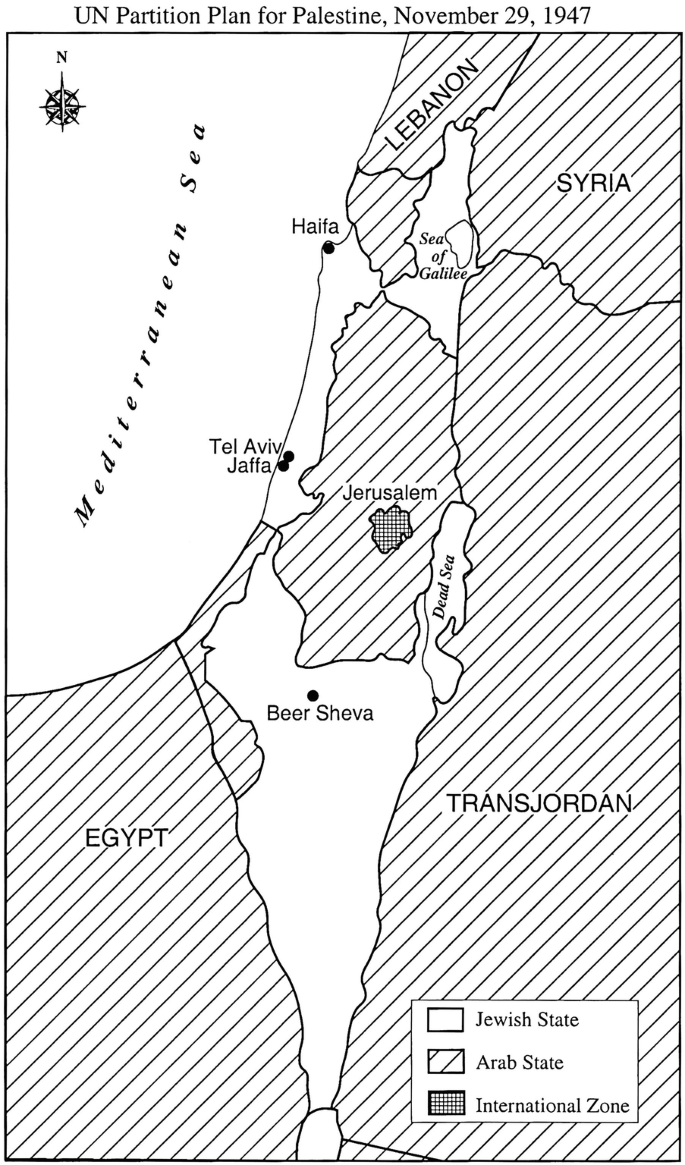 A map of the U N partition plan for Palestine, 1947. The Jewish State includes Beer Sheva, Tel Aviv, Jaffa, and Haifa. The Arab State includes Egypt, TransJordan. Syria, and Lebanon. A small area in the center of Jerusalem is marked as International Zone.