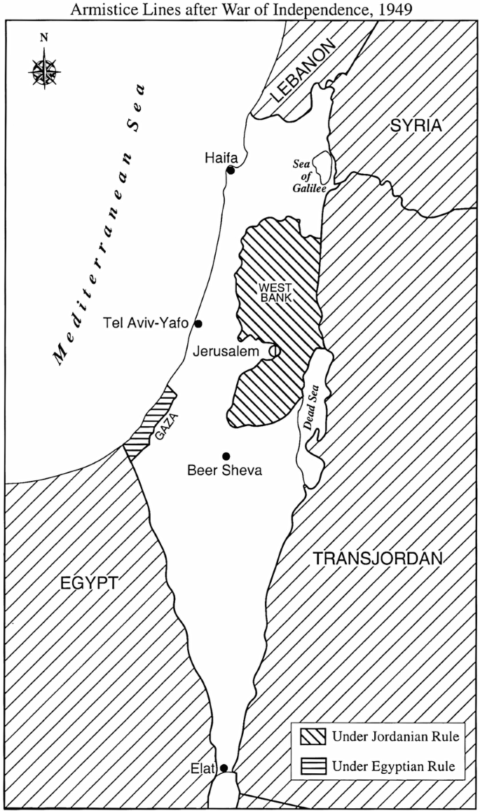 A map of the Armistice Lines post the War of Independence 1949. WestBank and Gaza to the east and west of Jerusalem are under Jordinian rule while Lebanon, Syria, TransJordan, and Egypt are under Egyptian rule.