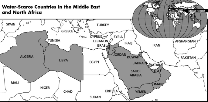 A map of M E N A with the inset of the world map. Some of the shaded countries with water scarcity are Algeria, Libya, Tunisia, Israel, Jordan, Kuwait, Bahrain, Saudi Arabia, U A E, Yemen, and Oman.