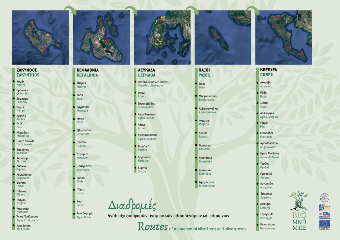 A copy of a page from a brochure with illustrations of 5 maps. Each presents a trail each of the Ionian islands with arrows pointing to the next, from left to right. It has a listicle each with text in a foreign language.