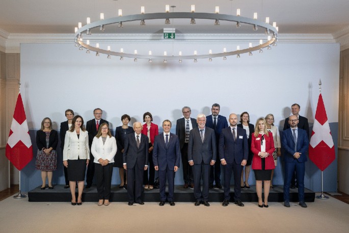 A group photograph of people who attended the meeting to discuss SEEIIST. The meeting was convened by Swiss Foreign Minister, Ignazio Cassis. The other people in the photo are Fabiola Gianotti and Signe Ratso with ministers from South East Europe.