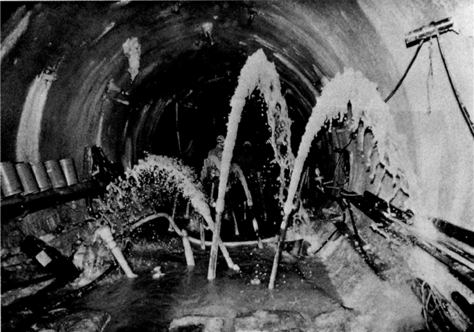 A monochrome photograph of water ingress under a tunnel. The lower portion of the tunnel is filled with water.