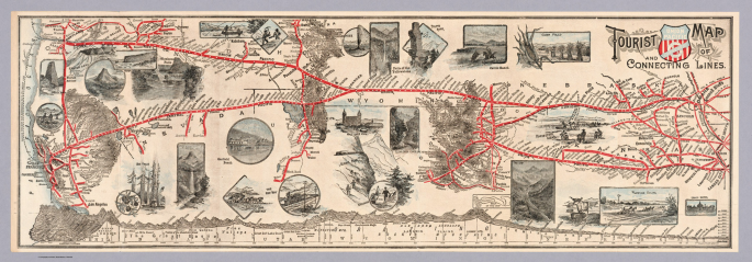A Union Pacific Tourist map. The routes are highlighted. The map includes drawings of different locations along the routes.