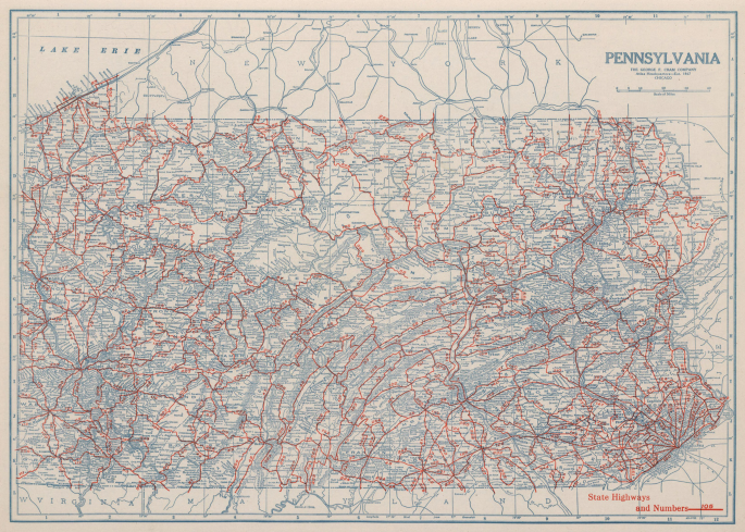 A map of Pennsylvania highlights state routes and other road routes.