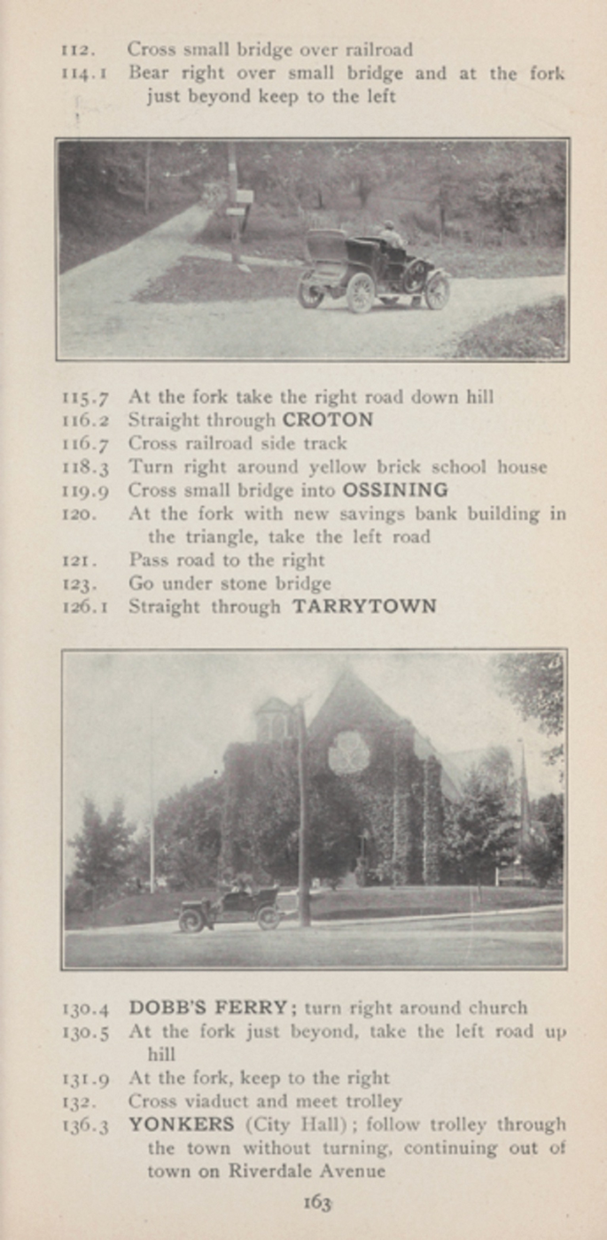 A page. It has 2 photos of an open 4 wheeler at road downhill and in front of a church, and 16 directions of a route.