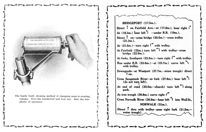 Left. A drawing of the horizontal cylindrical Baldwin Auto guide device connected to the odometer. Right. A page has 13 textual directions with arrows pointing at the directions.