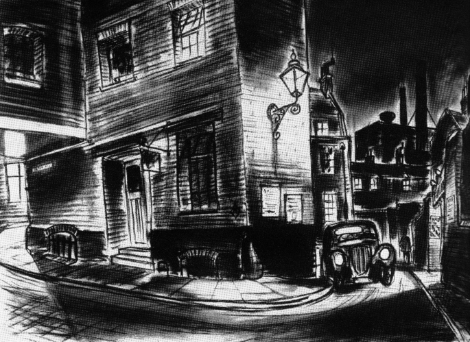 A sketch of a street with houses. A car is placed below a streetlight.