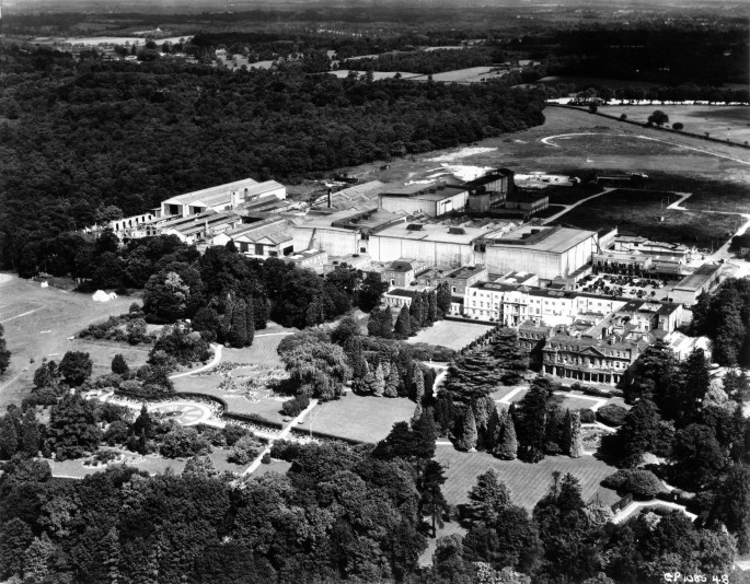 An aerial view of Pinewood Studios.