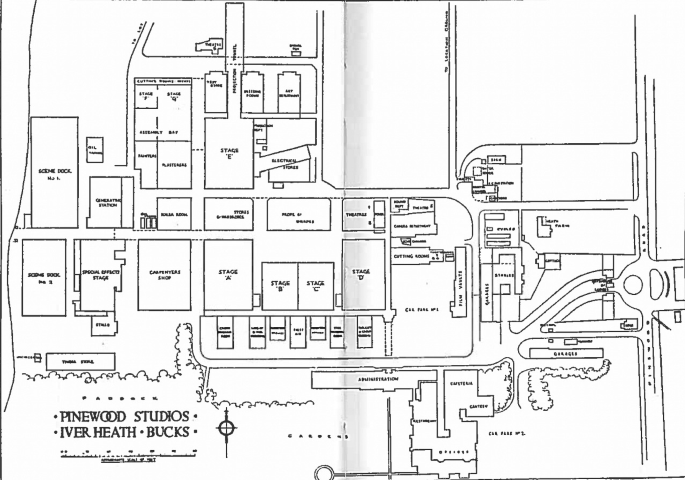 A floor plan of Pinewood Studios. It includes plans for studios, garages, scene docks, administrations, and canteens.