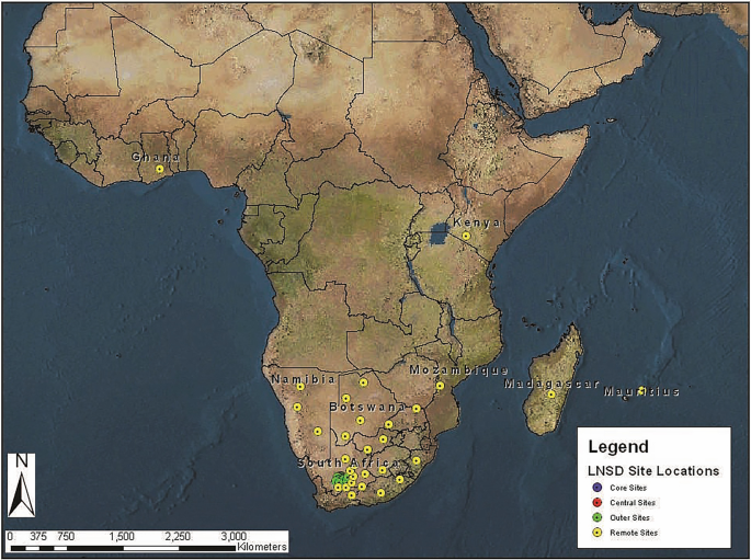 A Google Map of the southern region of South Africa delineates 4 legends core, central, outer, and remote sites, each highlighted in distinct shades of dots.