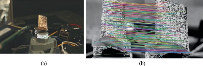 Two photos of, a, a mounted turbine blade and, b, 2 rectangular image patches are placed opposing each other. Several colored lines connect corresponding spots on both images in a vertical manner. A few lines are diagonal.